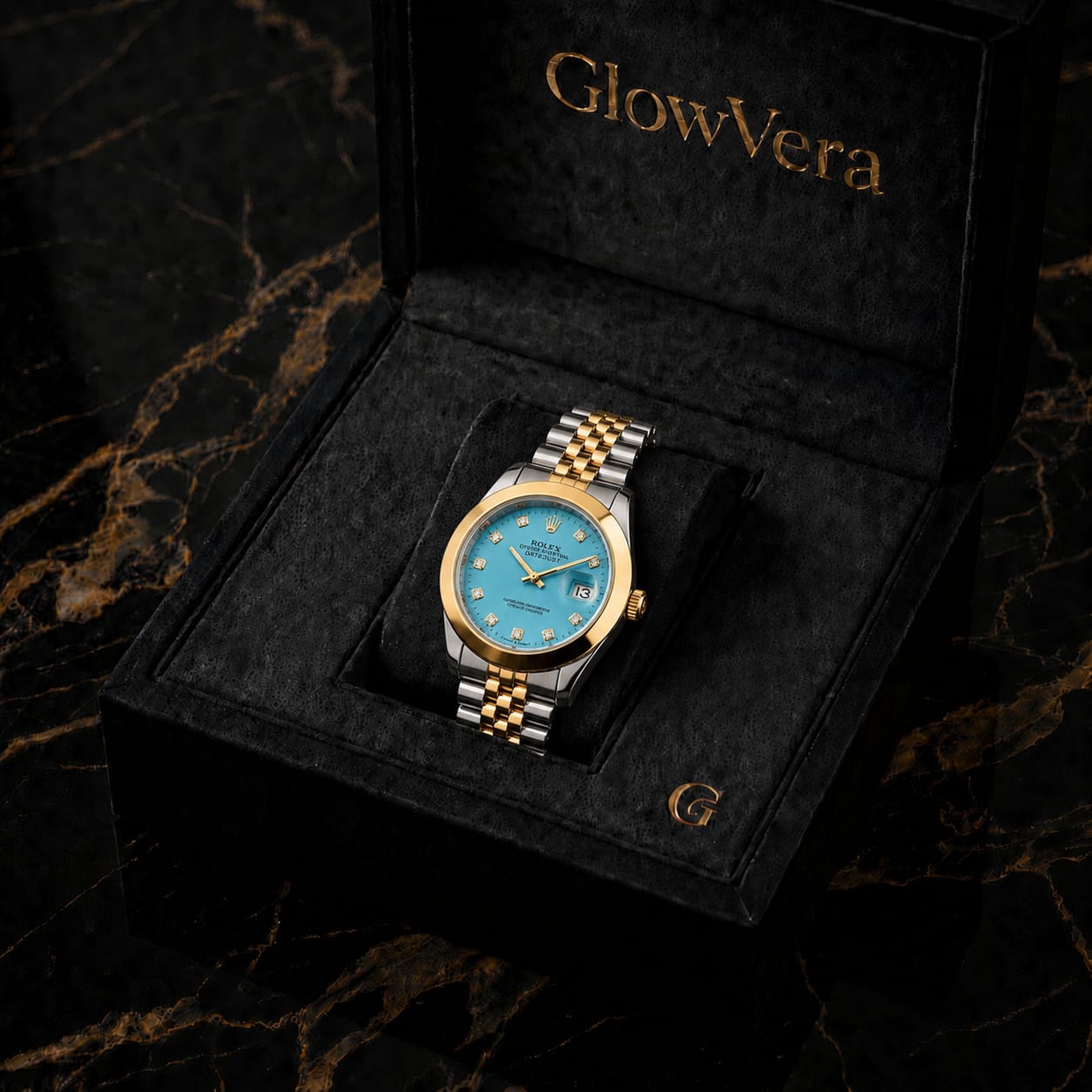 GlowVera Datejust Turquoise Tiffany Blue Gold Two-Tone Edition